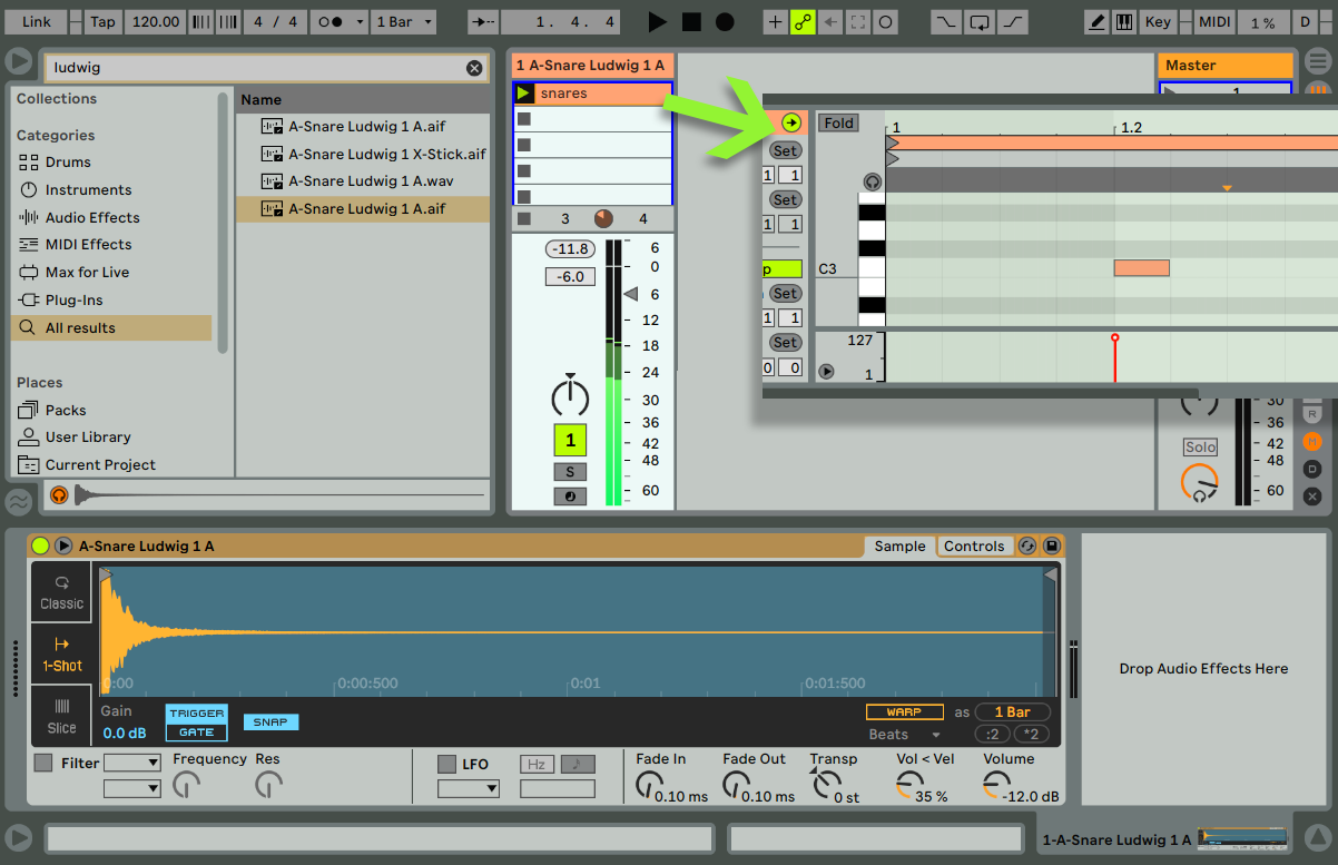 Add a snare sample to an Ableton MIDI track, and a note to play the sample
