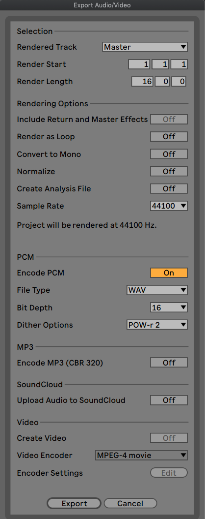 ableton live music production aulart rendering exporting track mastering mixing soundcloud settings options bit depth sample rate mp3